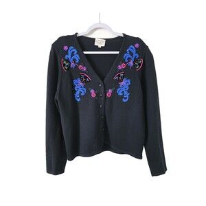 VTG Susan Bristol Womens Wool-Blend Hand-Embroidered Cardigan Black Blue Pink MD